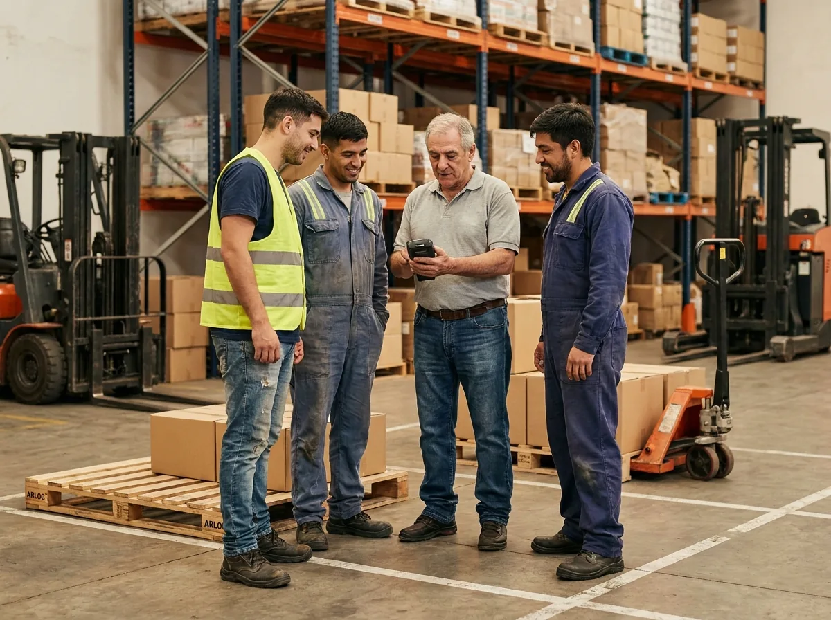 Operarios aprendiendo a usar las terminales de mano en el piso del depósito