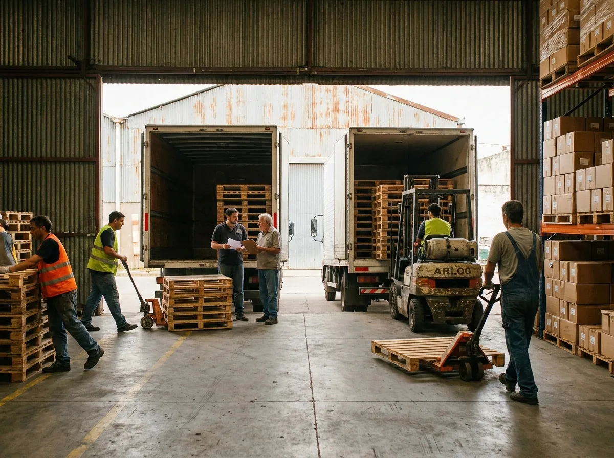 Camiones de reparto cargando pallets en los docks mientras un chofer revisa los remitos