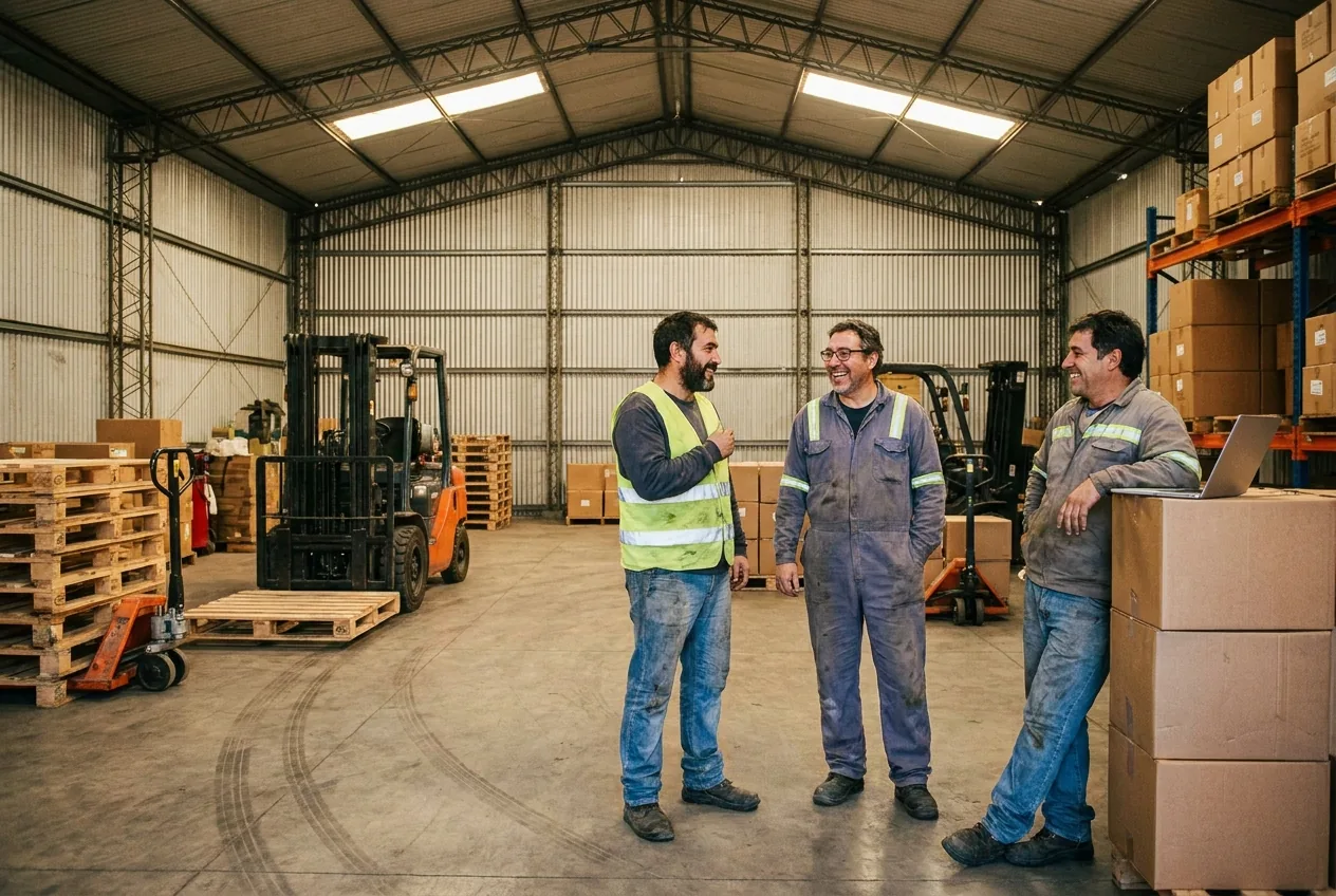 Tres personas de perfil técnico y logístico conversando en un depósito. Imagen ilustrativa: no es una foto del equipo real de NIMACH.