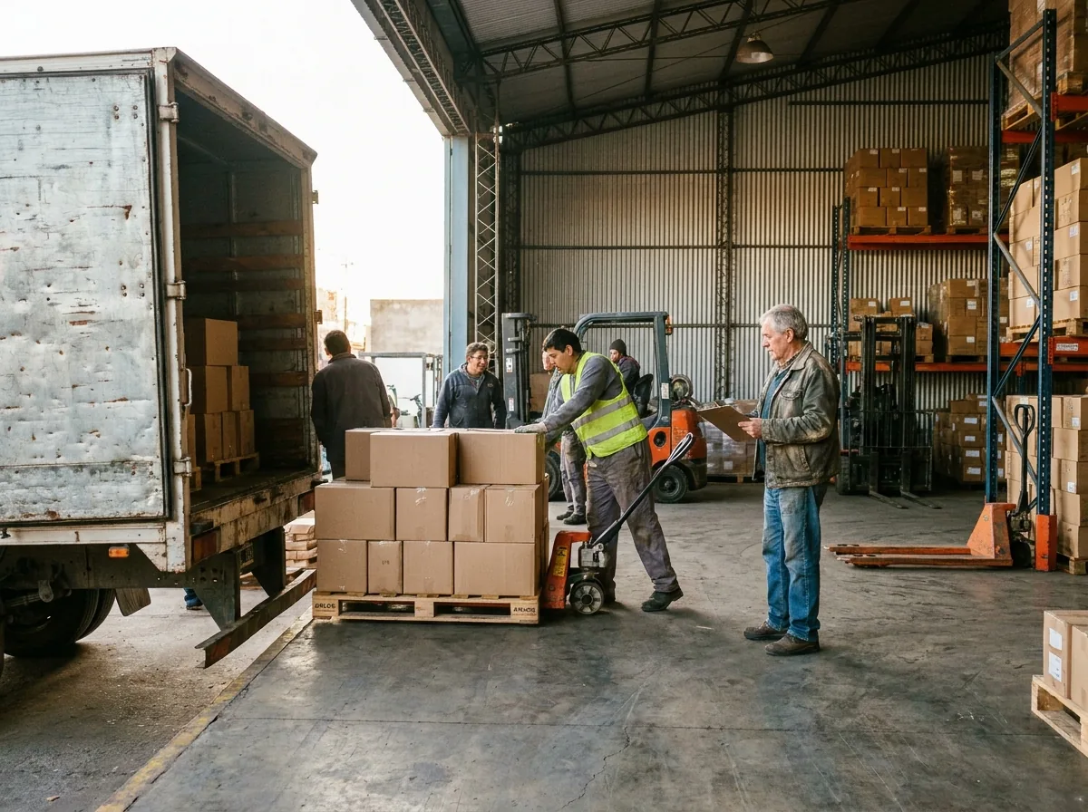 Operarios descargando pallets de un camión en el dock de recepción