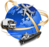 Logo de LogyNet: globo terráqueo con avión, camión y barco